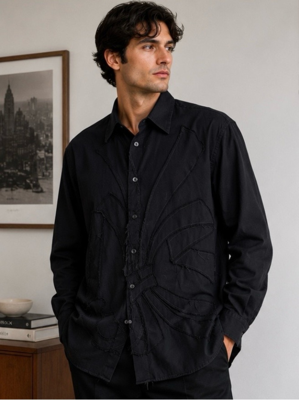 Horst grunge Black Button-Up Shirt with Textured Stitch Detail size XL